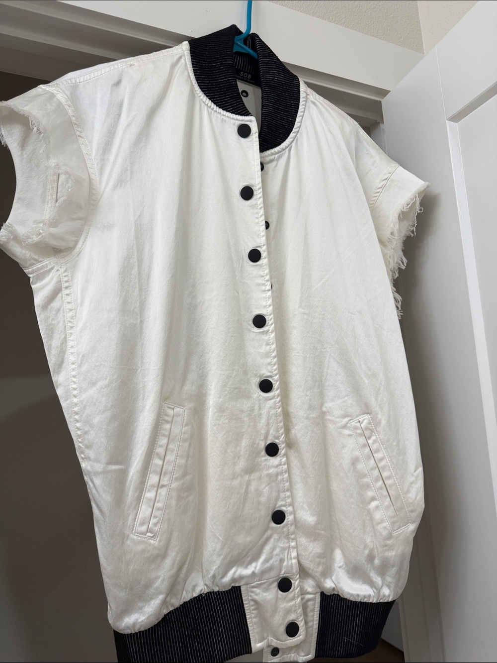 SO White Sleeveless Bomber Vest with Black Trim